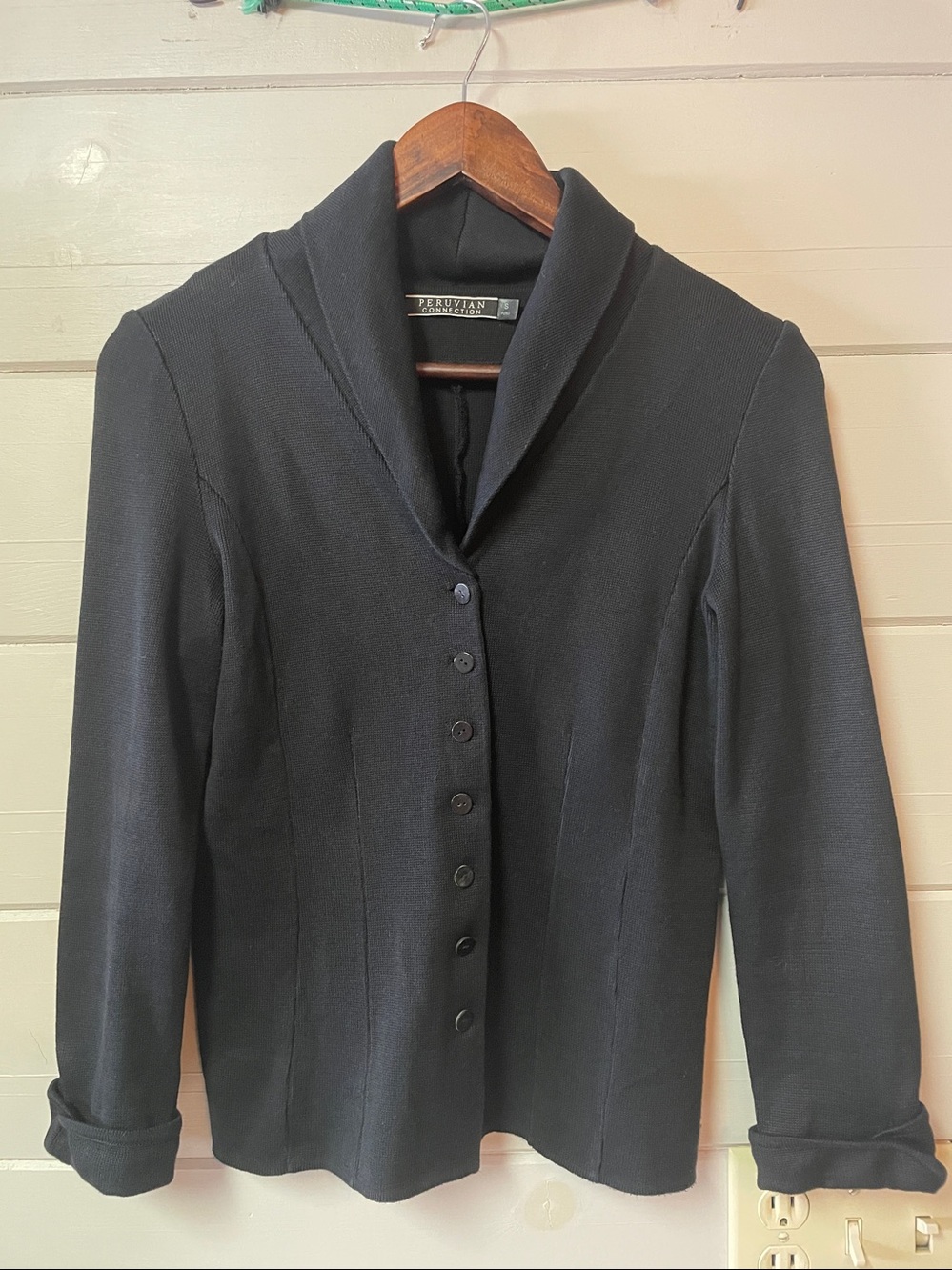 Peruvian Connection Charcoal Black Shawl-Collar Button Jacket Size S.